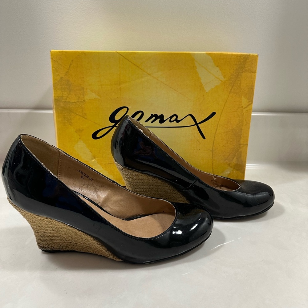 Gomax Jinger black patent espadrille wedge, 3.5” wedge heel